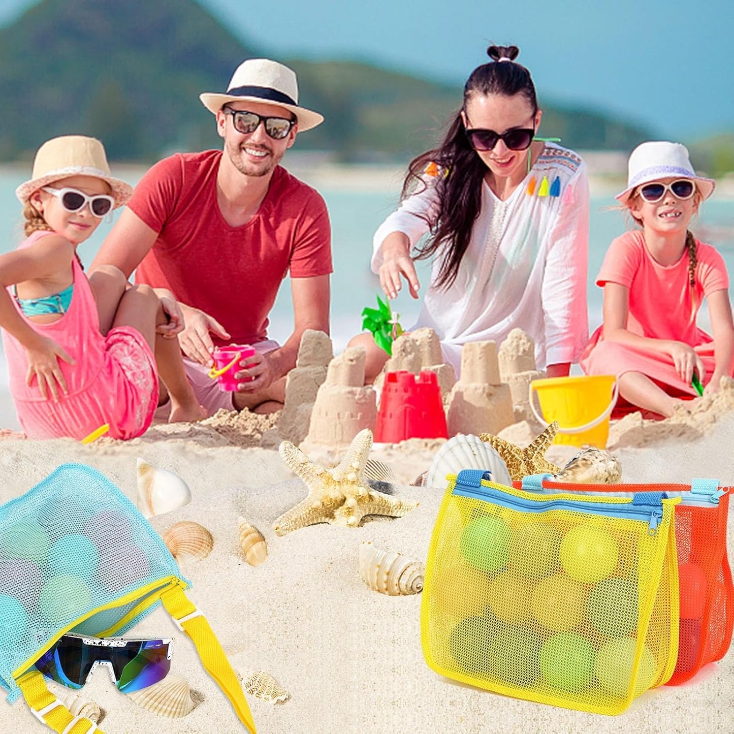 3 Pack Mesh Beach Bag for Shell Collecting - Durable & Adjustable