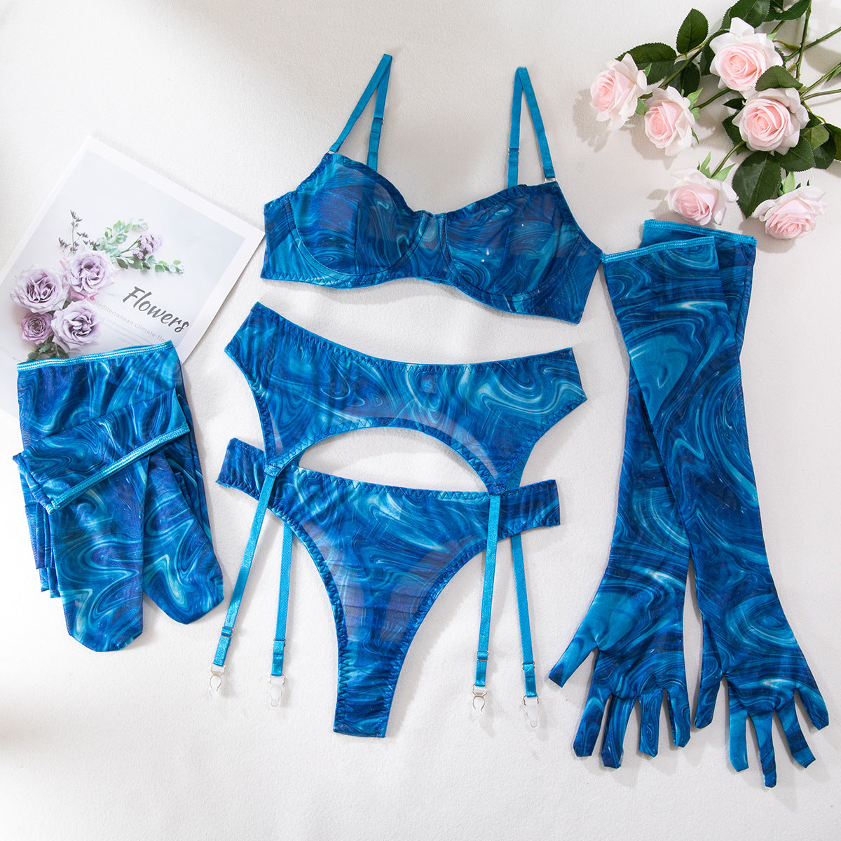 Push Up Printed Mesh Tape Gloves & Leg Warmers Women's 5-Piece Set