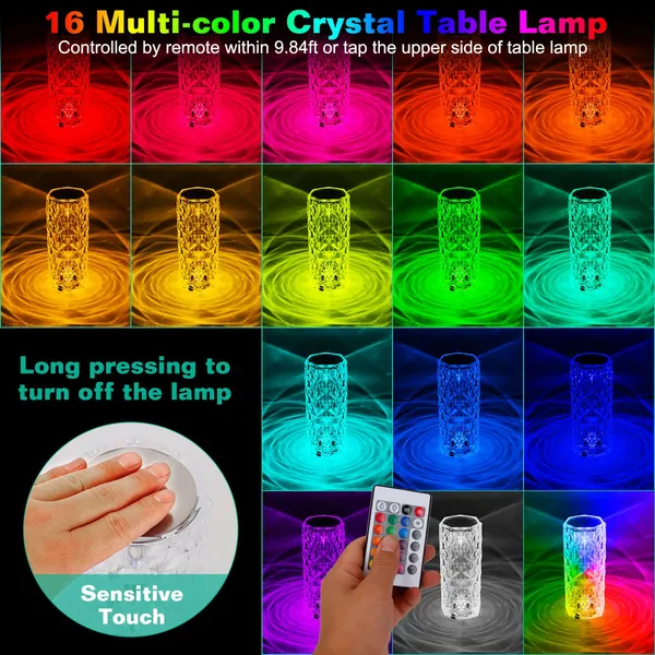 Crystal Diamond Rose Table Lamp - Dimmable Night Light with Remote & Touch Control