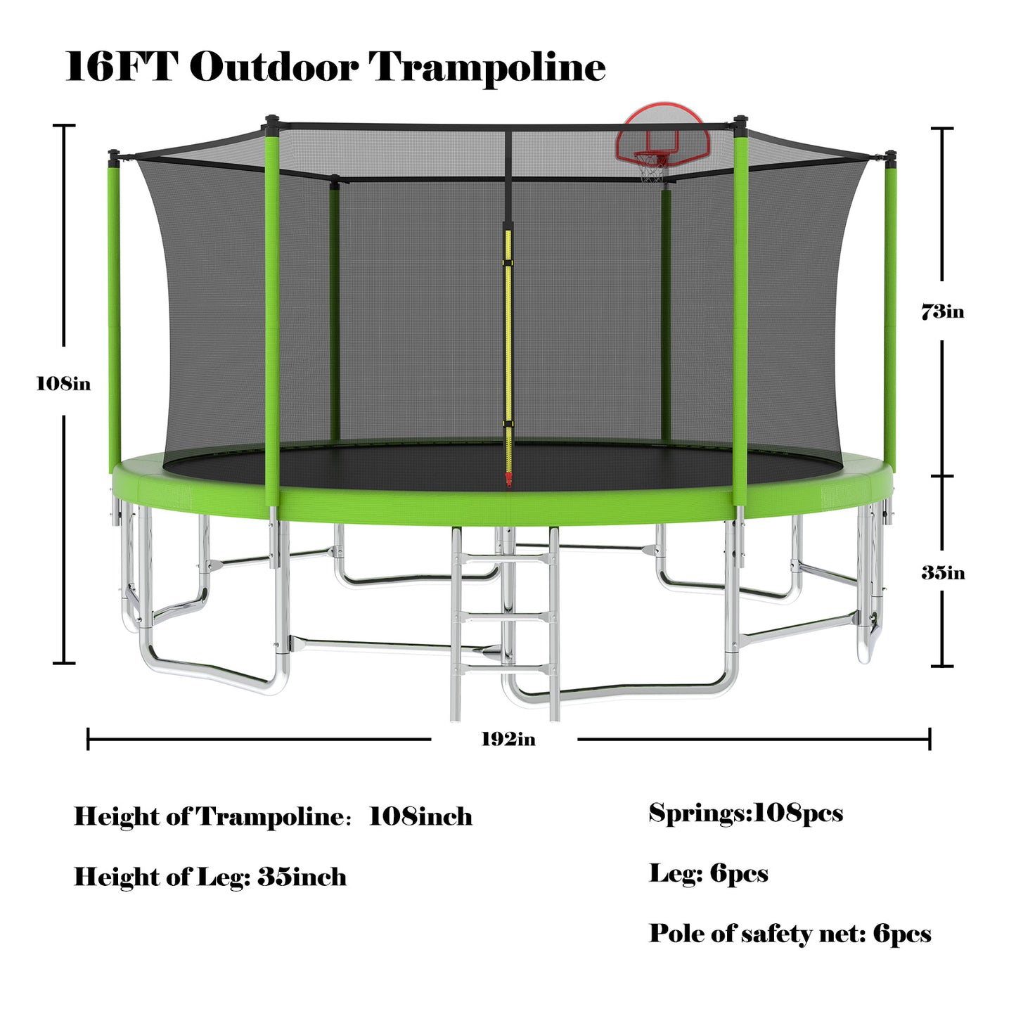 16FT Outdoor Trampoline with Enclosure, Balance Bar & Basketball Hoop - Green