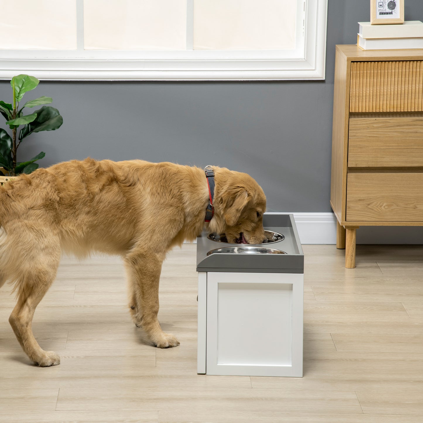 Elevated Dog Food Station with Storage and Stainless Steel Bowls - Large Dogs White