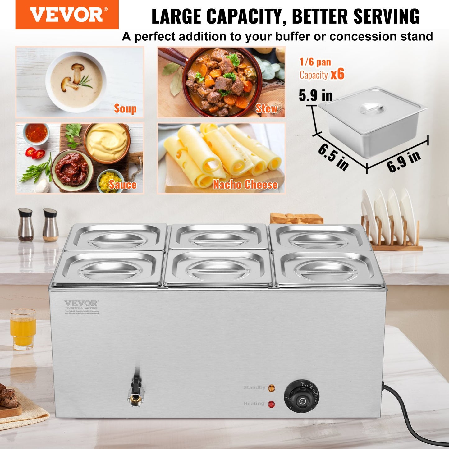 Commercial Food Warmer 6-Pan Countertop Buffet Bain Marie 14.3QT - Stainless Steel