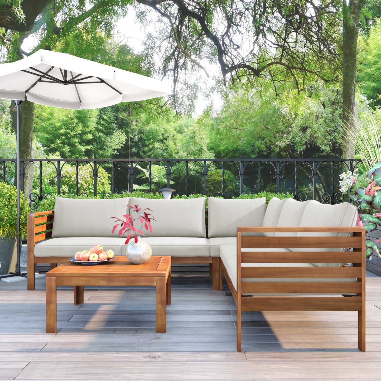 Wood Structure Outdoor Sofa Set With Beige Cushions Exotic Design