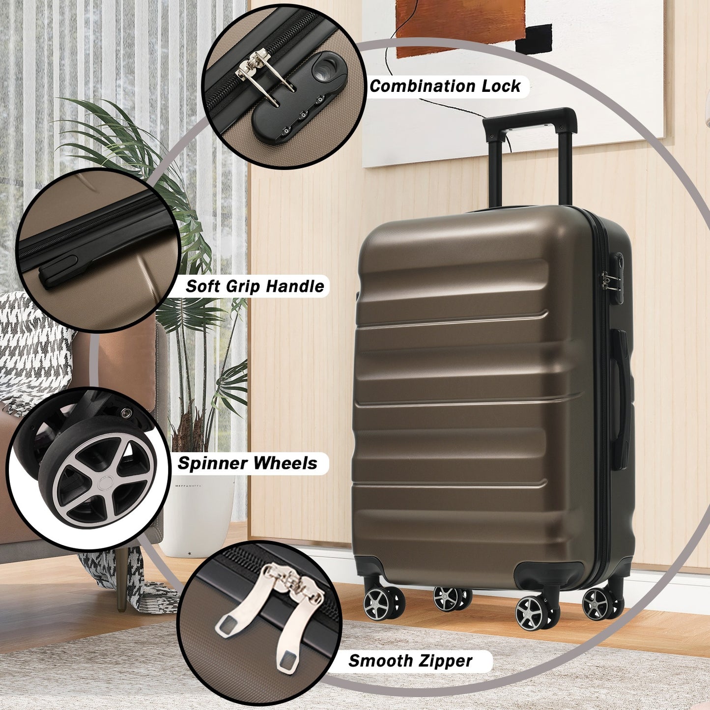 24-Inch Hardshell ABS Luggage Set with Spinner Wheels & 2 Packing Cubes - Brown