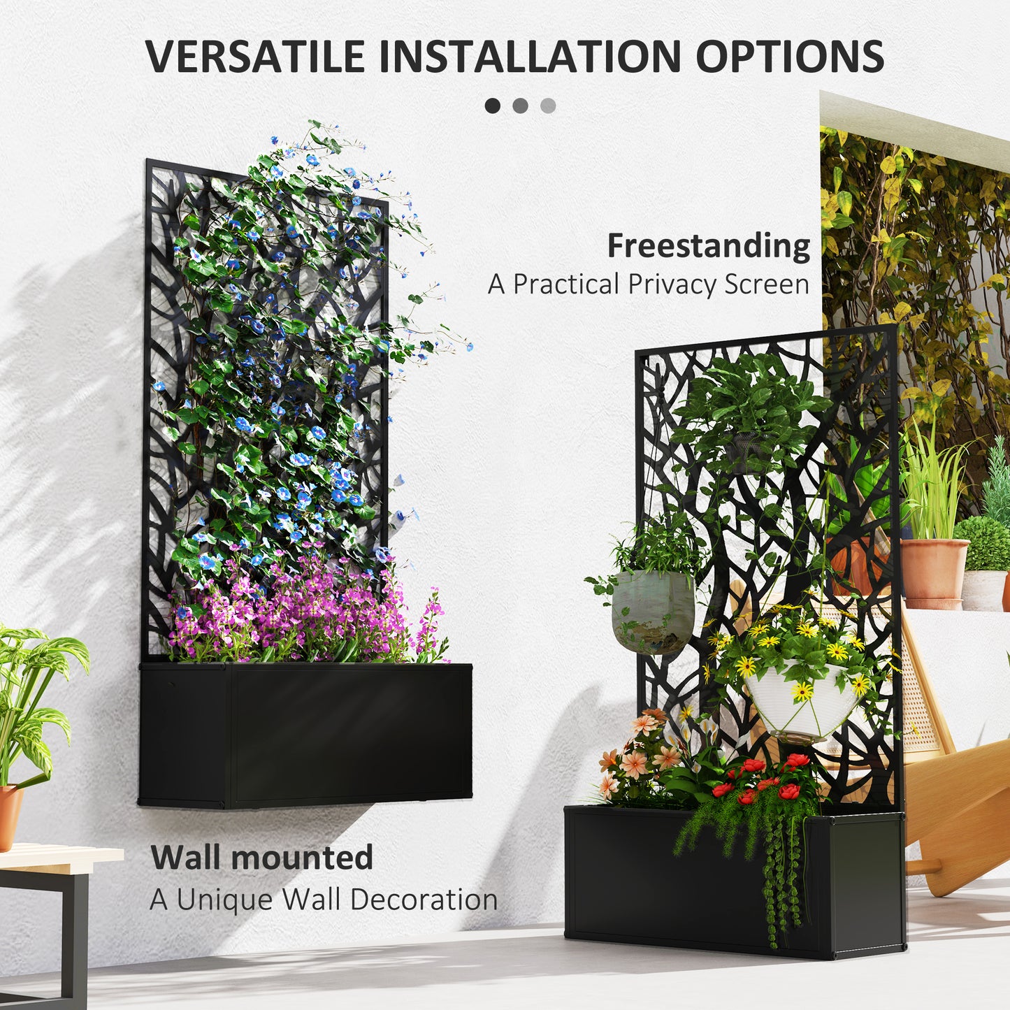 Metal Garden Bed with Trellis for Climbing Plants - Black, 960x680x65mm