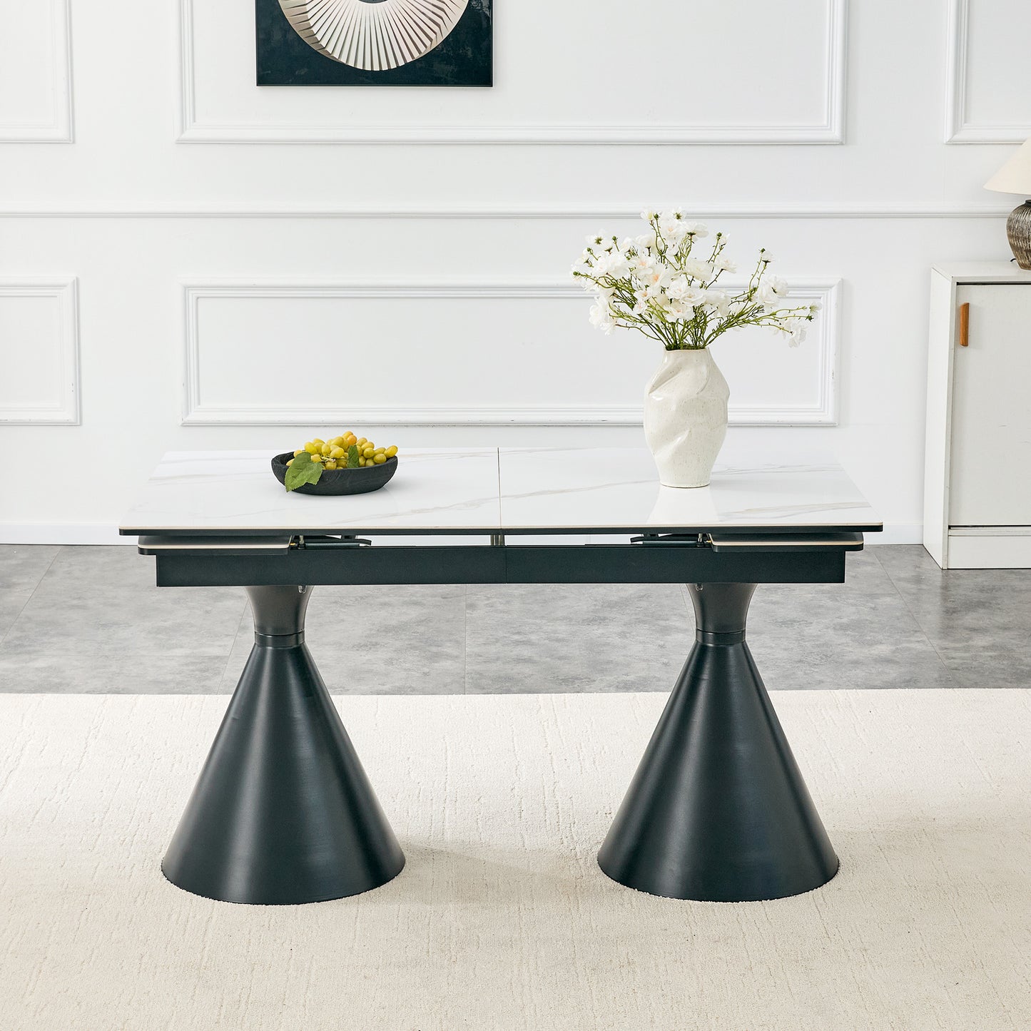 Extendable Stone-Top Dining Table - White Marble with Black Legs