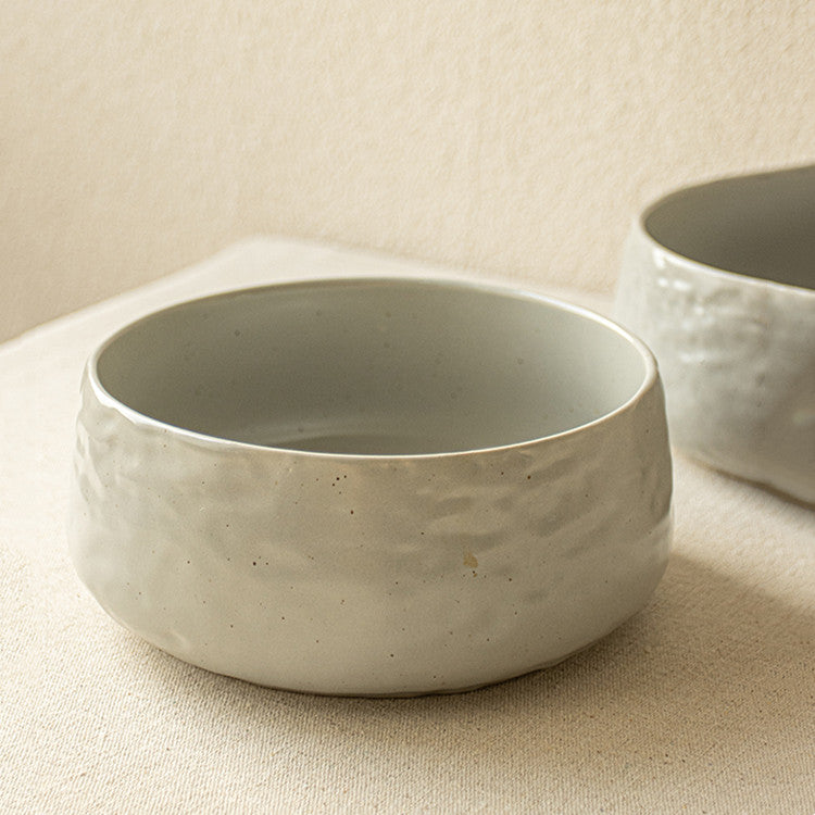Round Ceramic Fruit Salad Bowl with Ripple Design - Grey