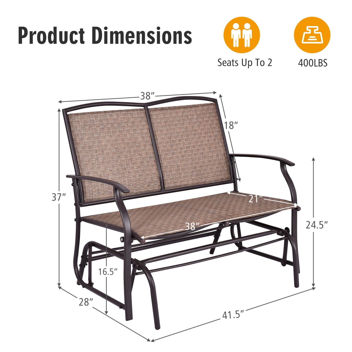 Outdoor Iron Rocking Chair for Patio and Lawn - Seats 2
