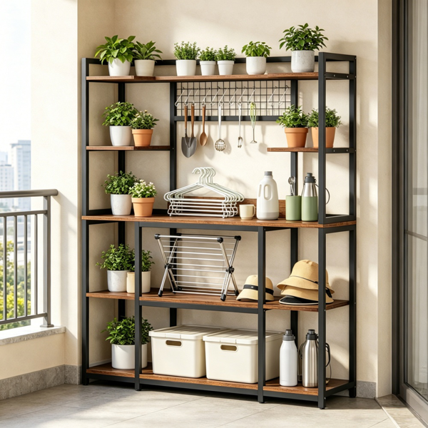 Large 5-Tier Bakers Rack with Hooks - Black & Brown