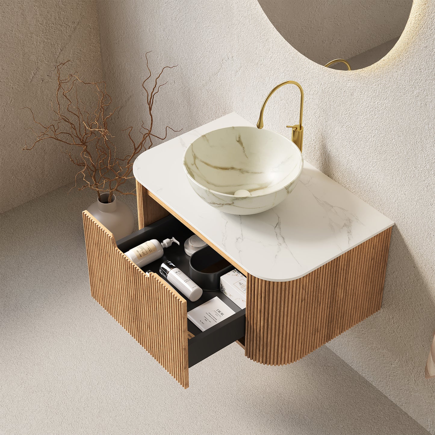 DINA 30 Bathroom Vanity&Sink, Floating Curved Edges Striped Storage