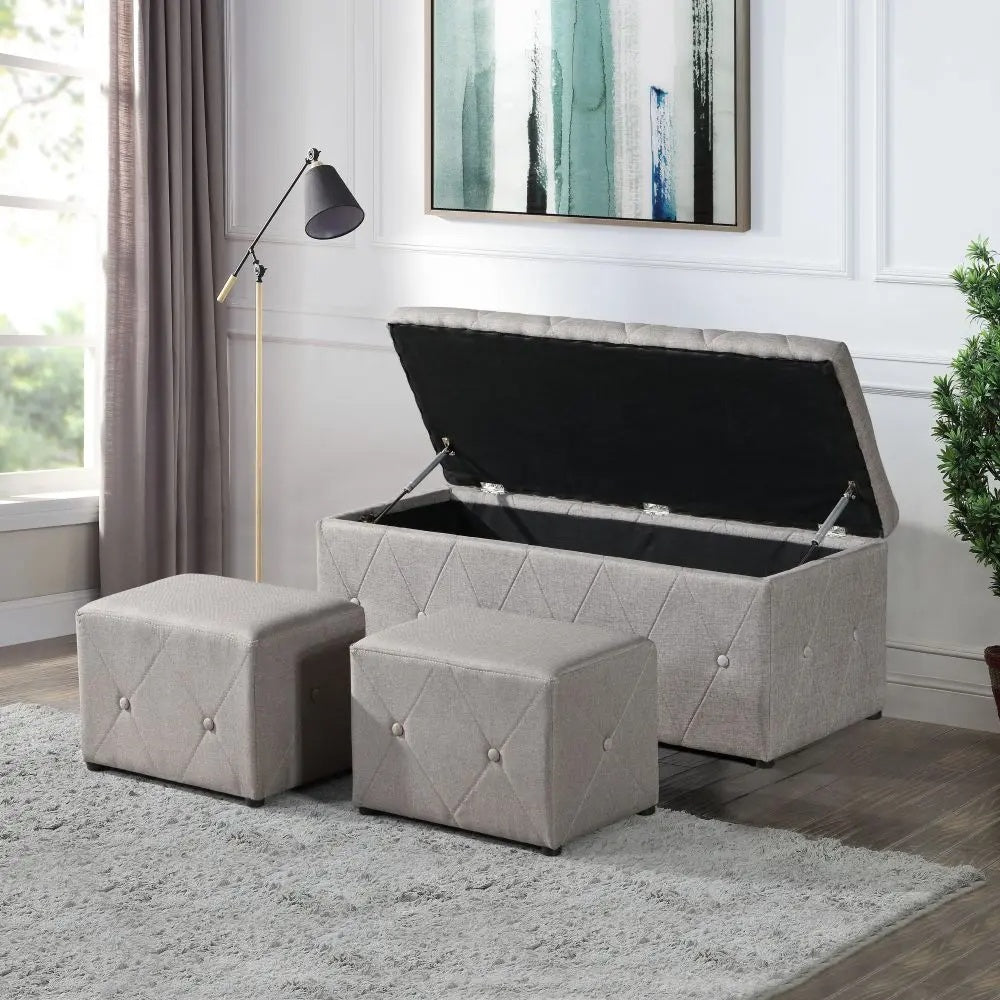 Rectangular Storage Ottoman with 2 Set Ottomans - Beige