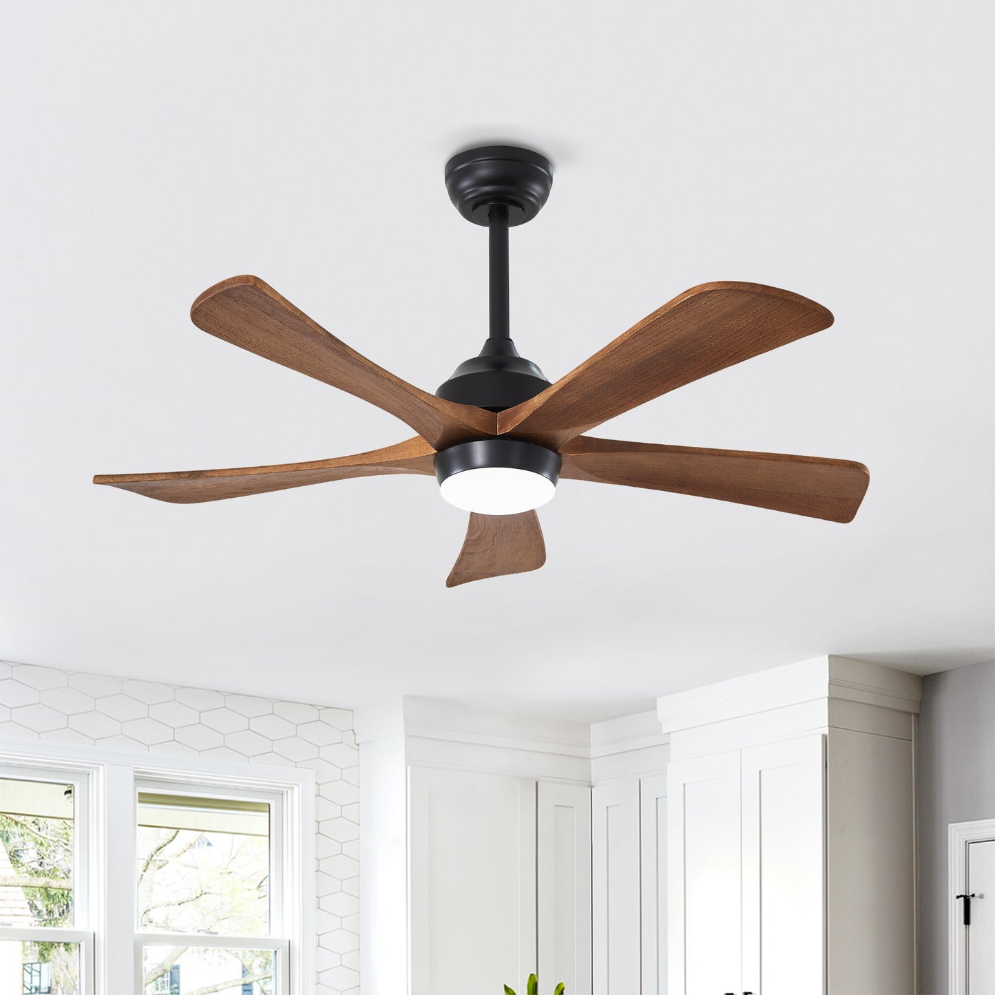 42" Solid Wood Blades Ceiling Fan with Lights & Remote Control - Matte Black