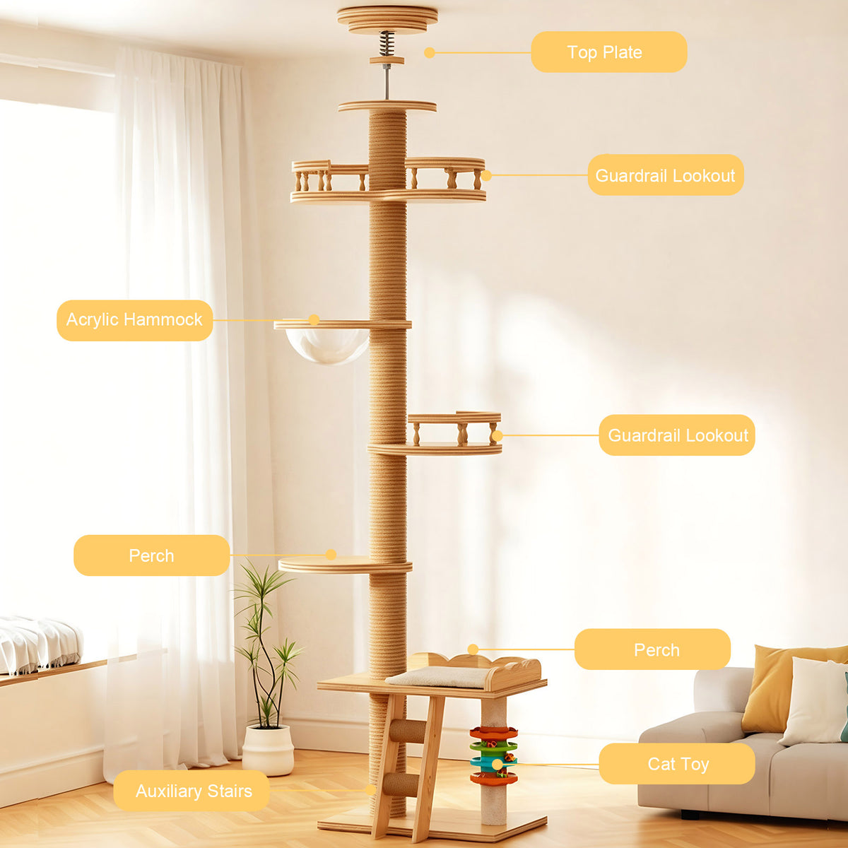 Adjustable Floor-to-Ceiling Cat Tree Tower with Sisal Post & Toys, Natural Finish