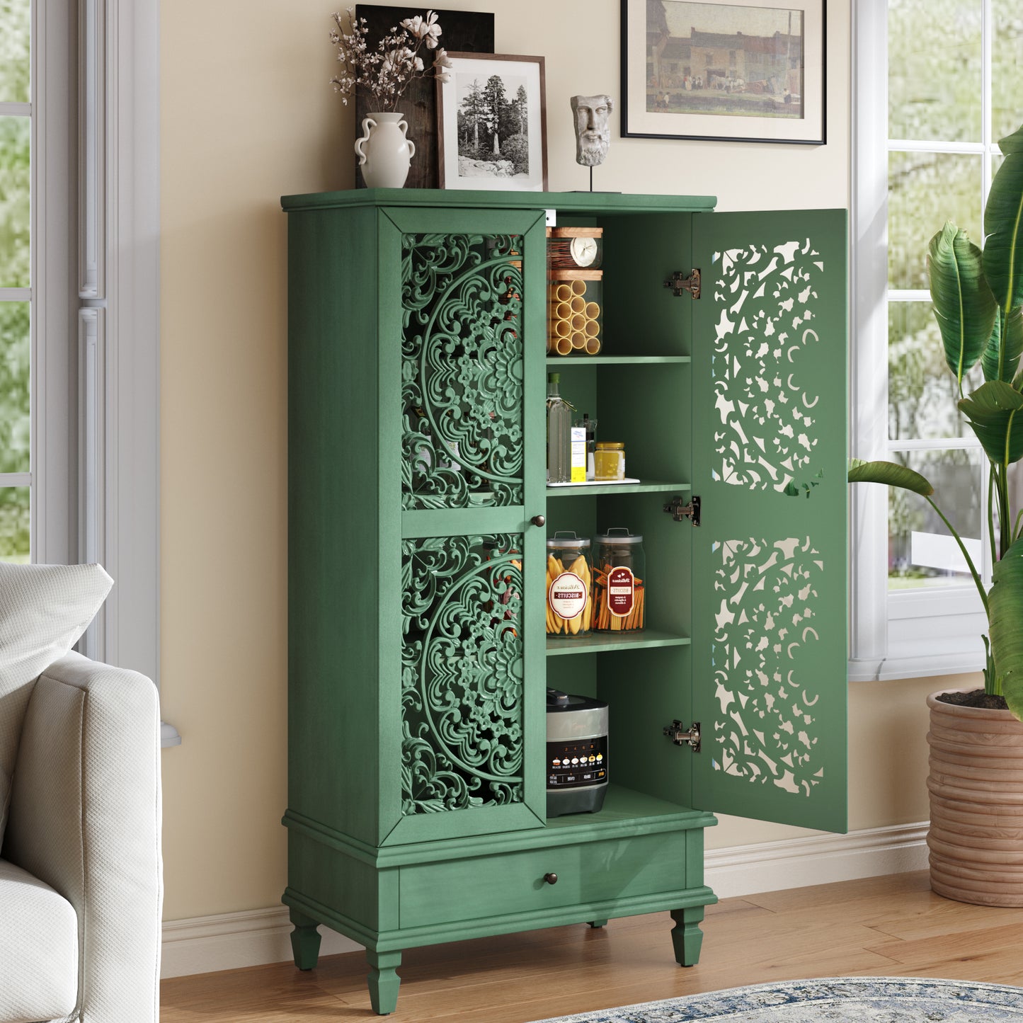 Rustic 55" Tall Storage Cabinet with Drawer - Antique Green