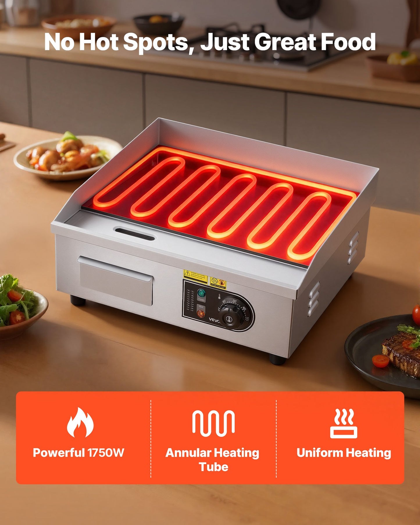 17.7x11.8 Inch Commercial Electric Griddle 1750W Stainless Steel Flat Top Grill