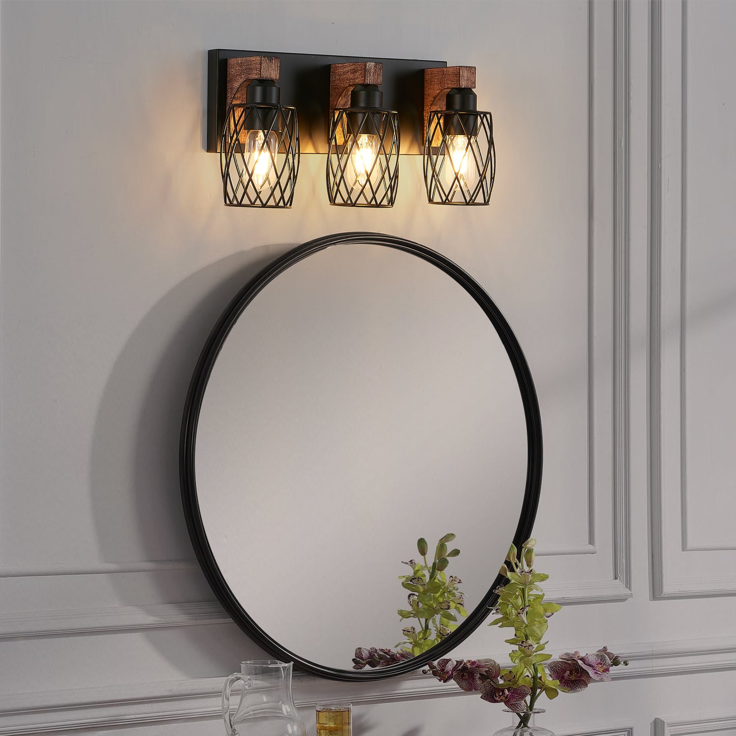 Vintage Industrial 3-Light Wall Sconce - Black Metal & Wood Accent