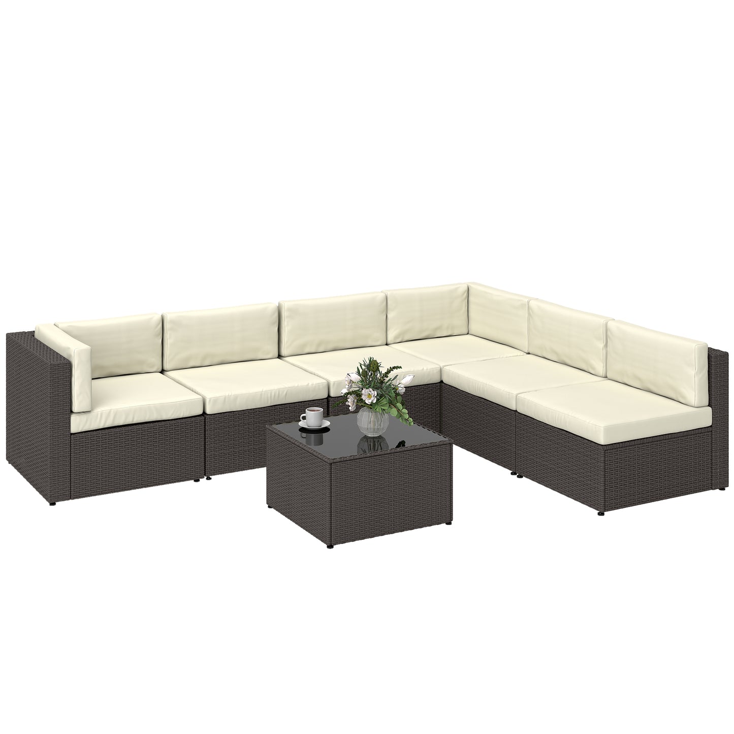7-Piece Outdoor Rattan Sectional Sofa Set with Coffee Table - Cream White