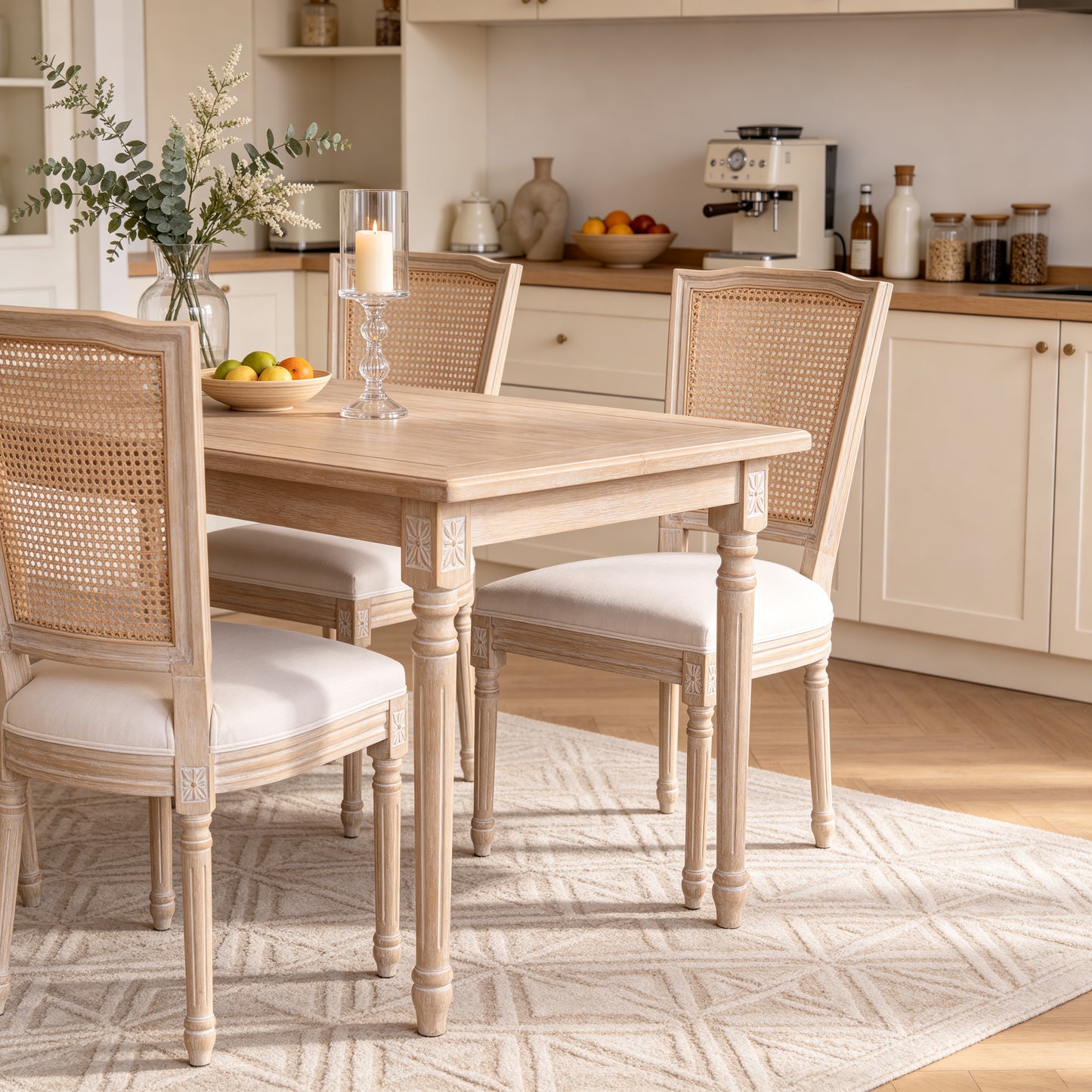 French Country Dining Chairs Set of 2 - Upholstered Rattan Back
