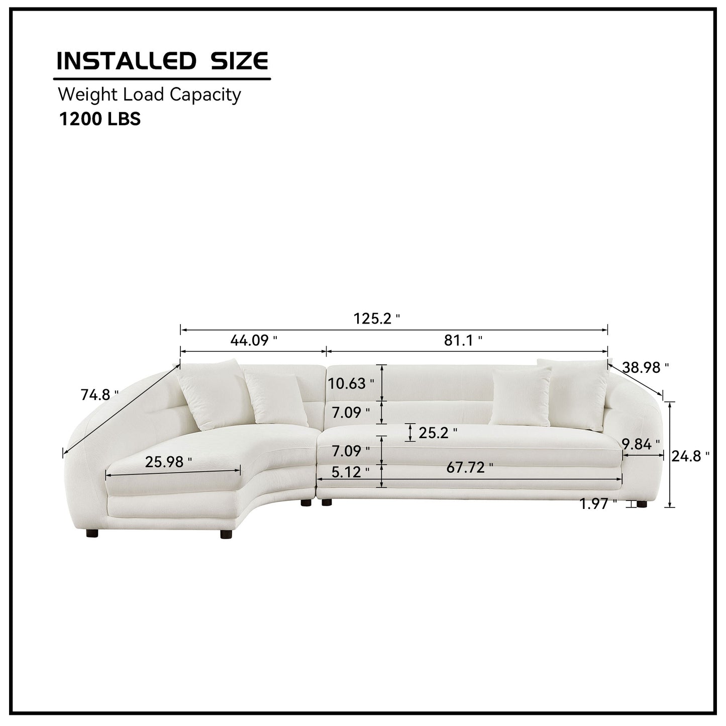 125 Inch Curved L-Shaped Modular Sofa with Comfort Pillows - White