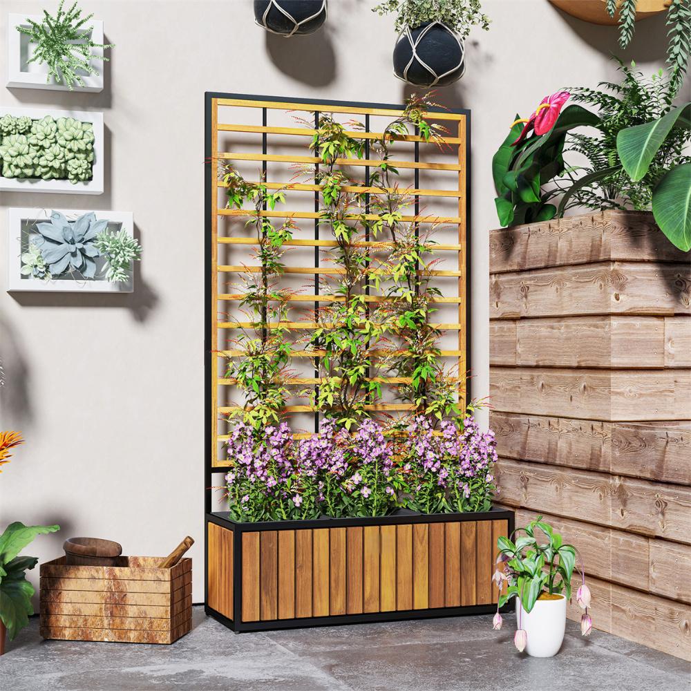 Wooden Raised Garden Bed With Trellis, Removable Pots For