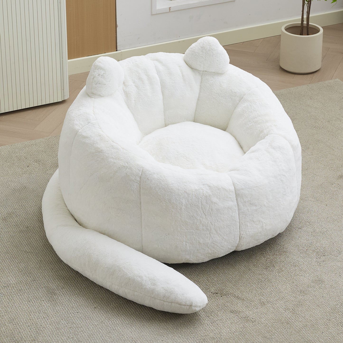 Cat-Shaped Bean Bag Sofa - White Faux Fur, No Assembly Required