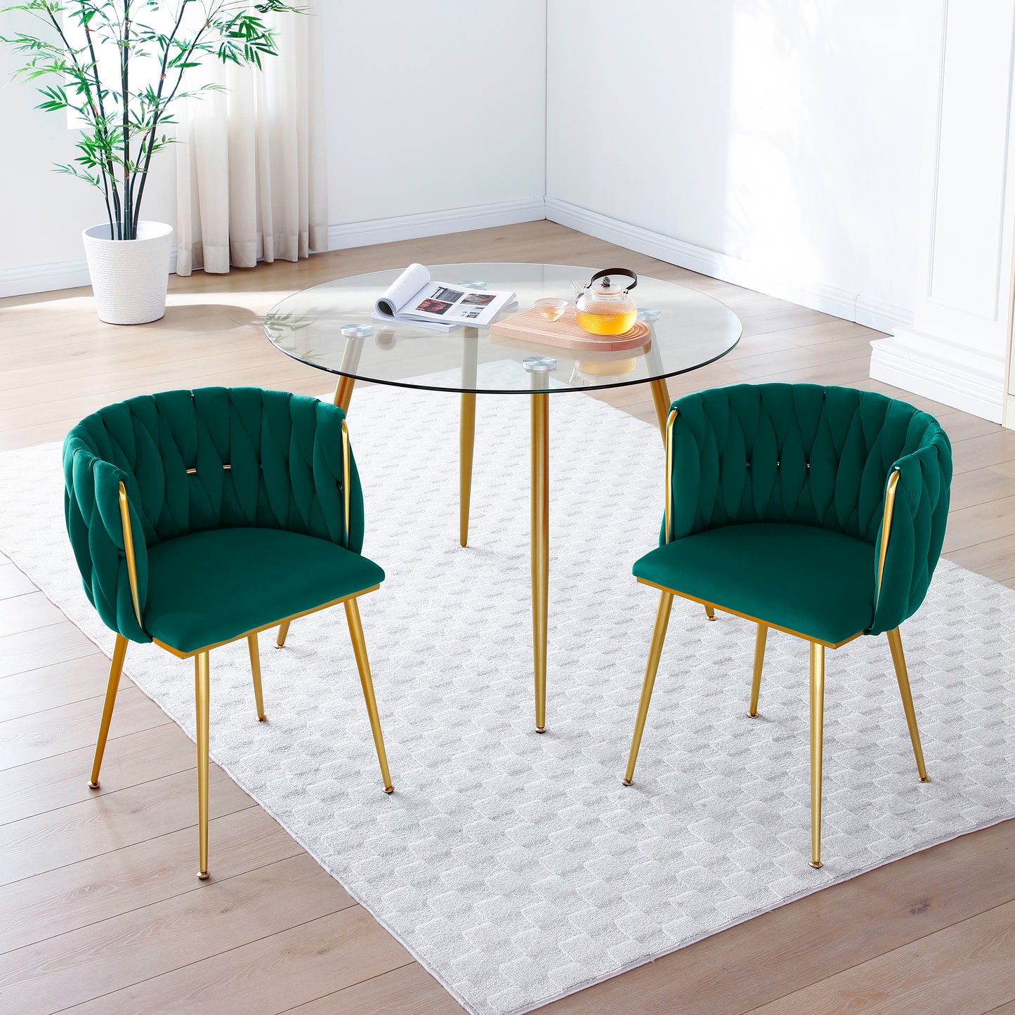 Green Velvet Dining Chairs Set of 2 with Gold Metal Legs