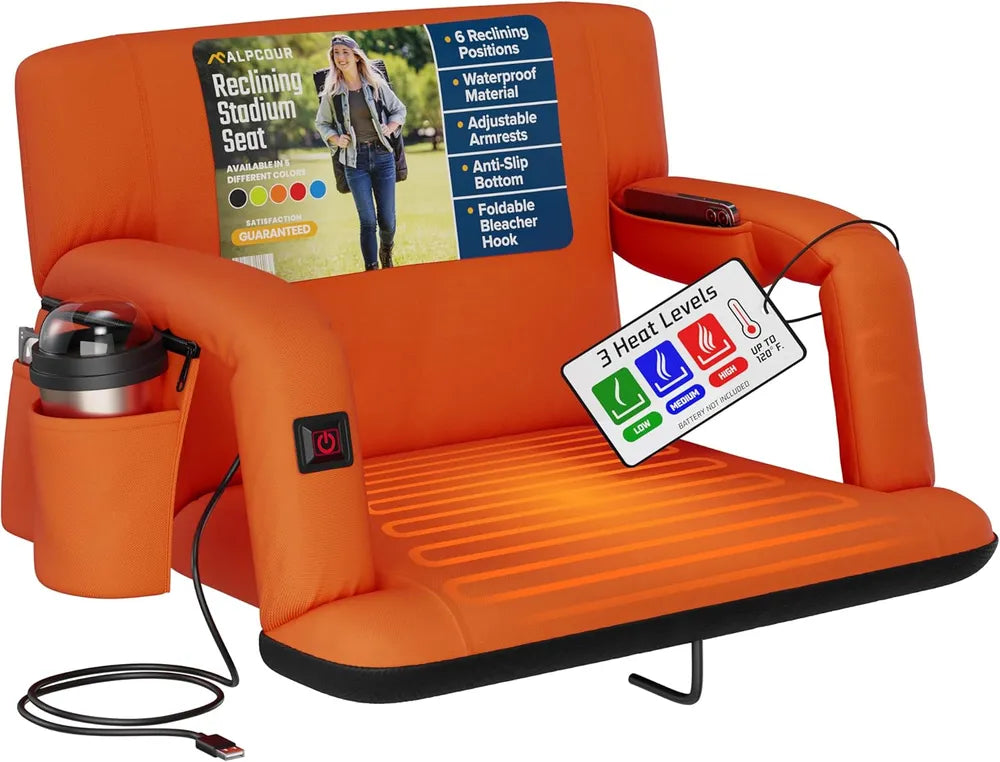 Heated Folding Stadium Seat with Back Support - Orange