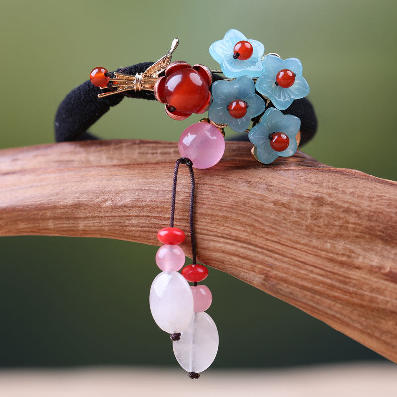Glazed Agate Hair Ring with Tassel - Blue