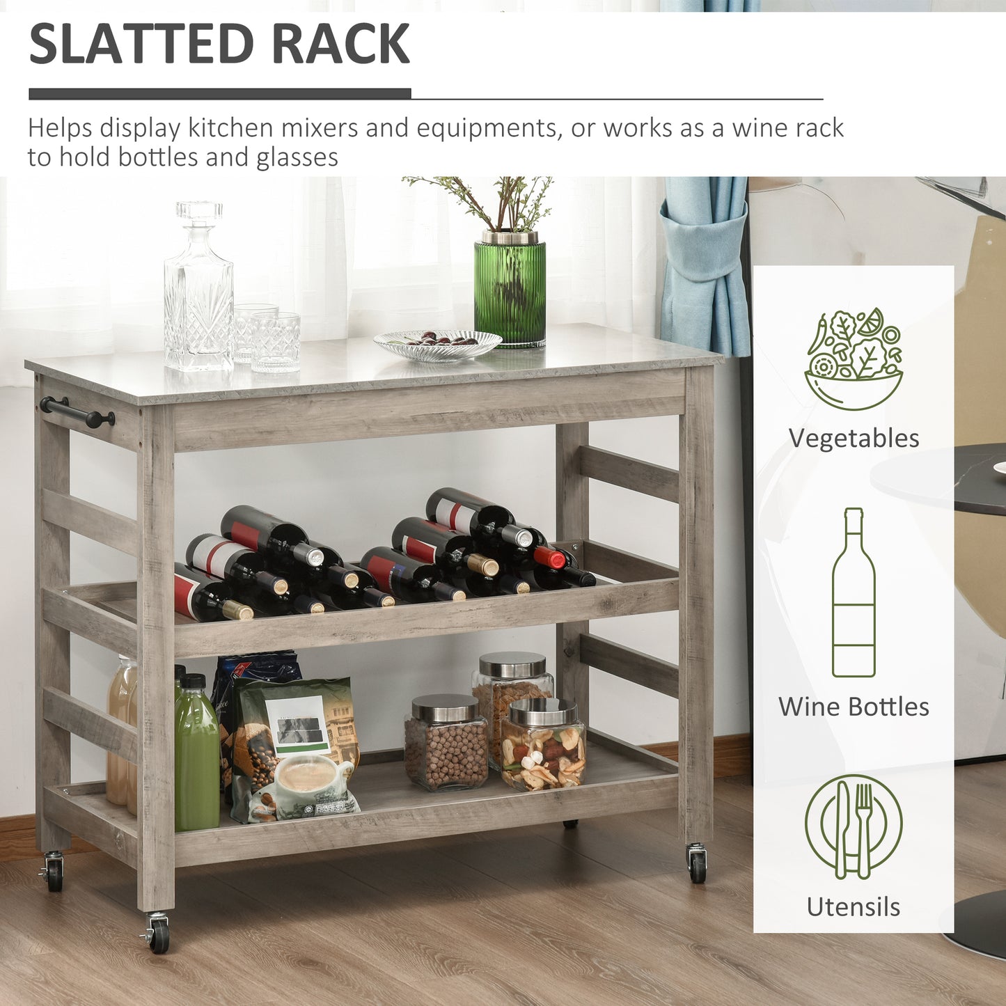 Kitchen Cart, Rolling Island Utility Trolley with Stainless Steel Top