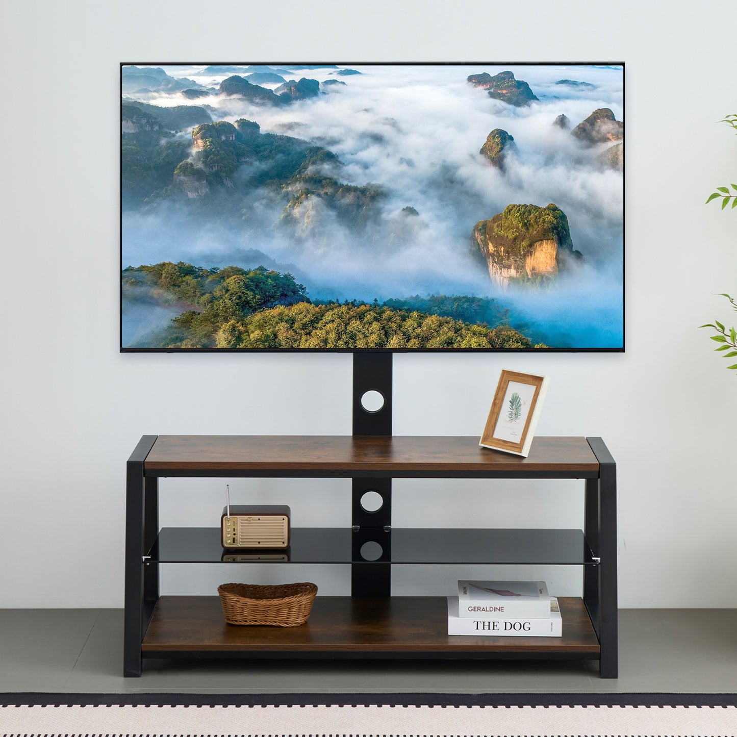 Height Adjustable Wooden TV Stand with Black Tempered Glass - Acacia Wood