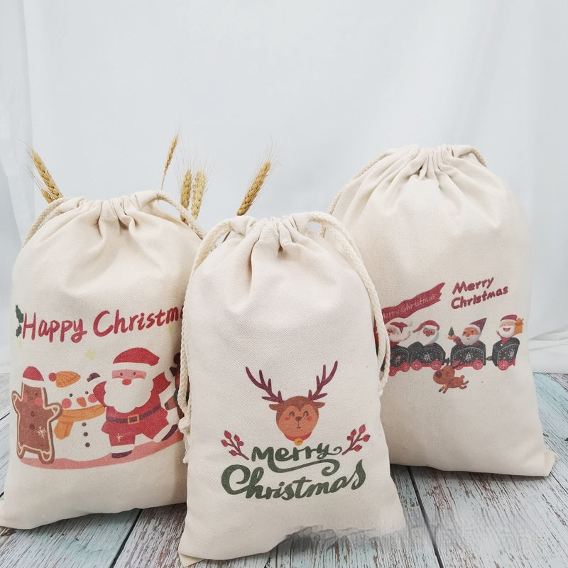 Christmas Canvas Drawstring Gift Bag Set - Multiple Sizes & Designs