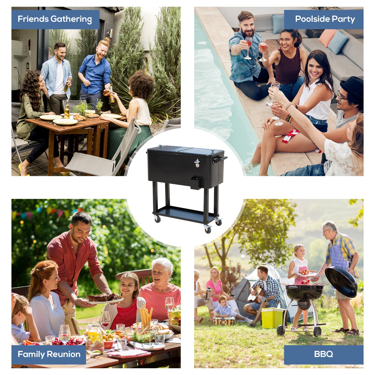 80 QT Rolling Outdoor Cooler Cart on Wheels - Black