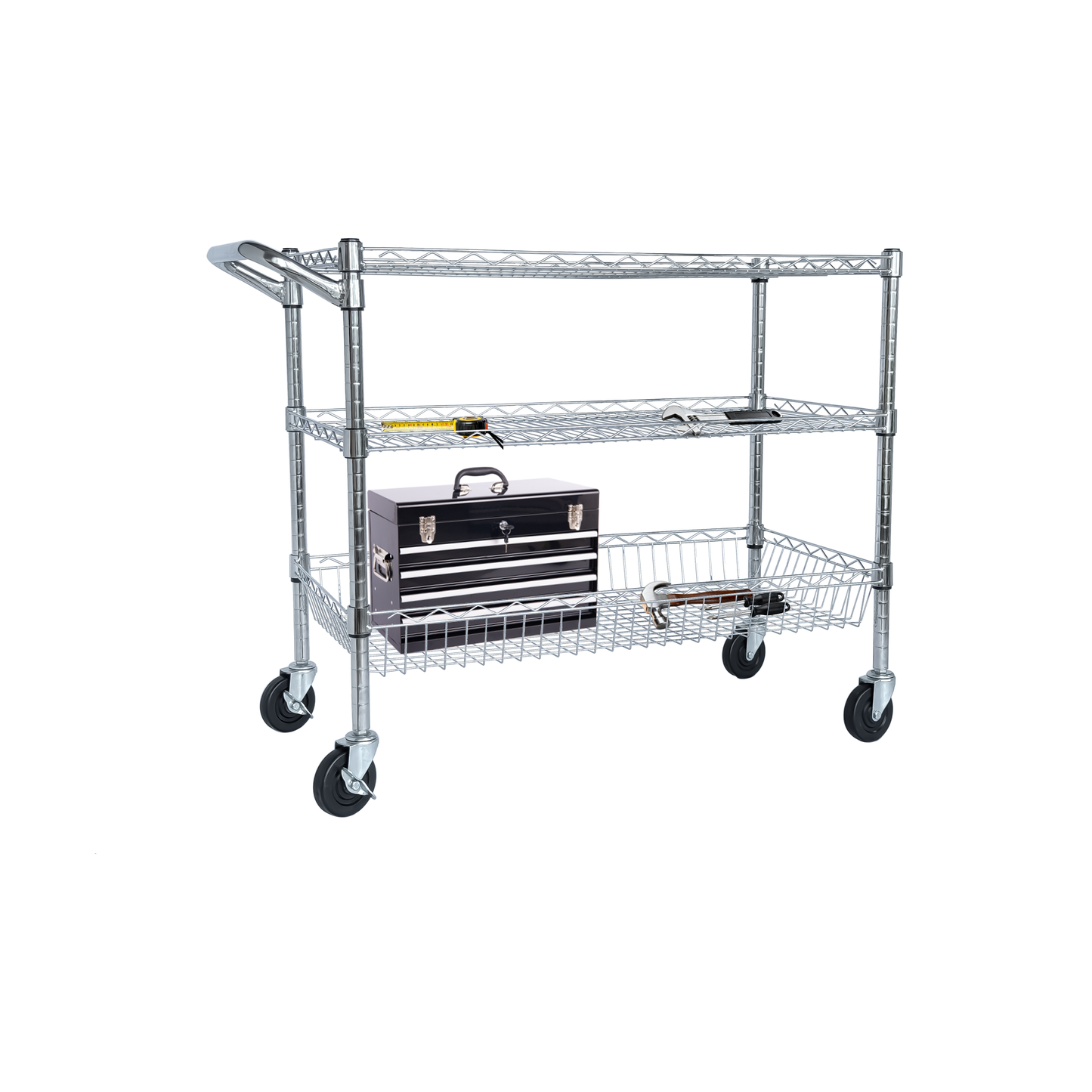 Heavy Duty 3-Tier Rolling Utility Cart with Handle and Shelves - Chrome