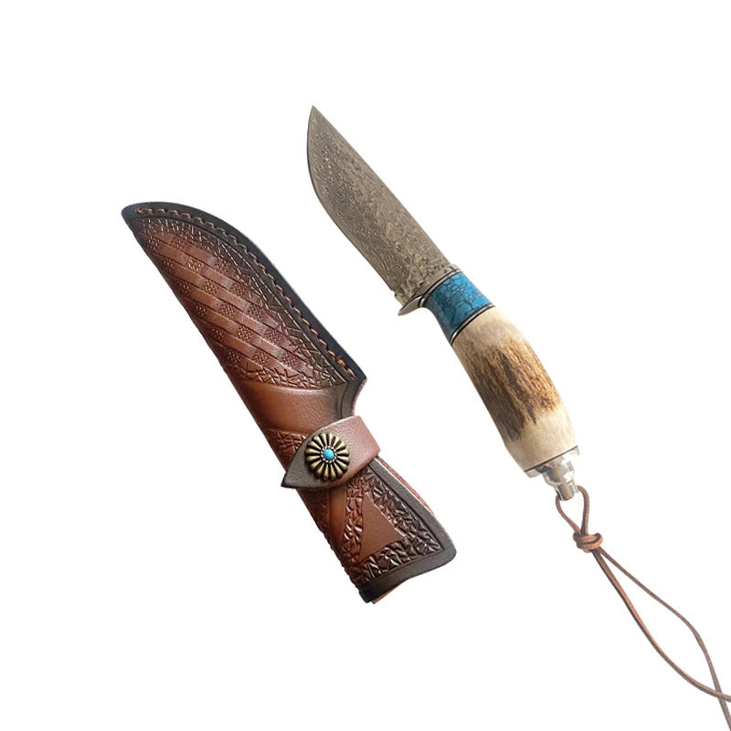 Turquoise Antler Handle Damascus Steel Kitchen Knife - Straight & Horse Variants