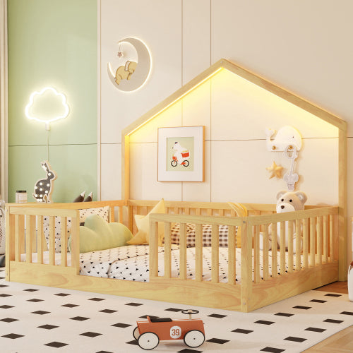 Full Montessori Floor Bed with High Rails & LED Light - Natural