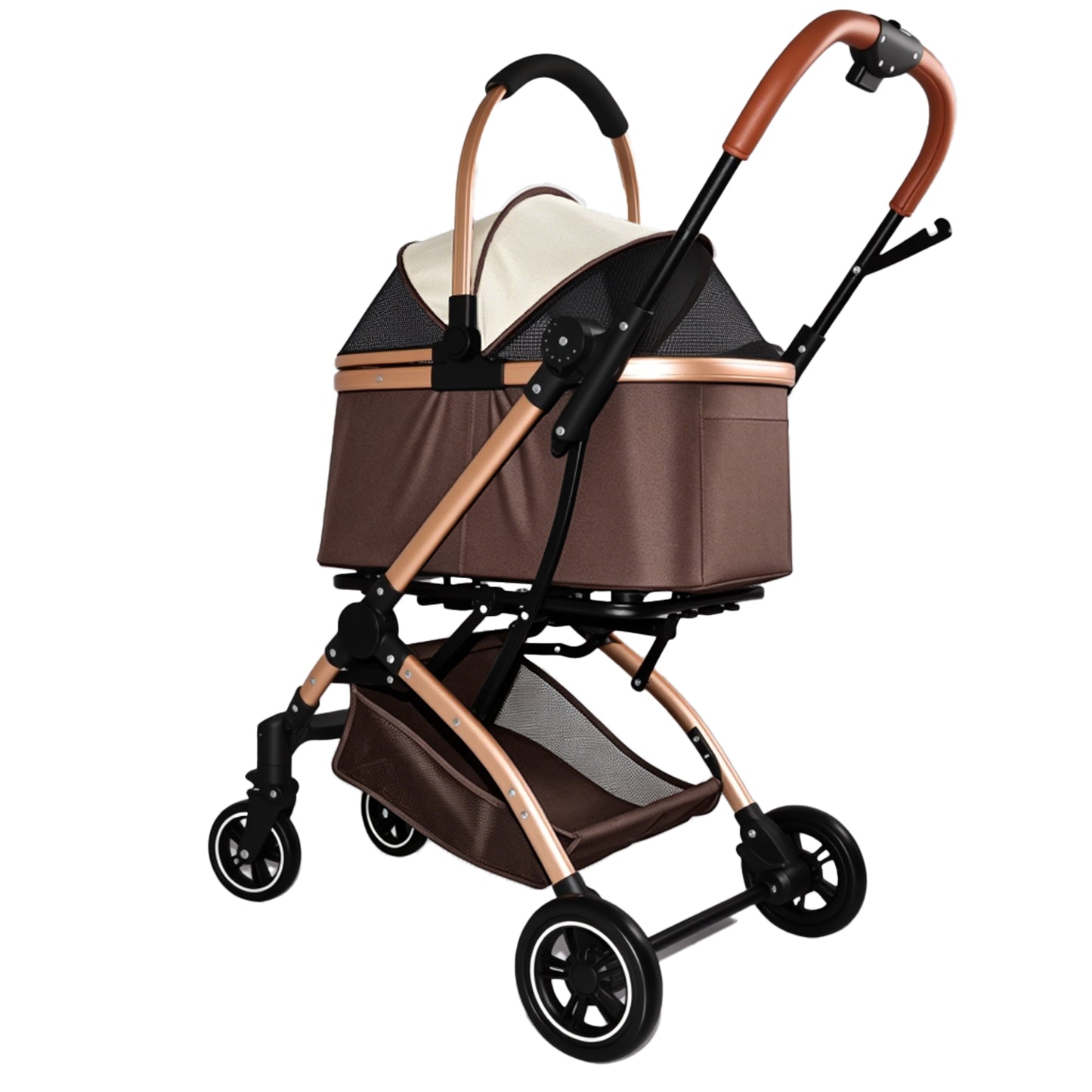 Pet Stroller for Dogs Cats 2-in-1 Foldable Sun Canopy Travel Carrier Khaki