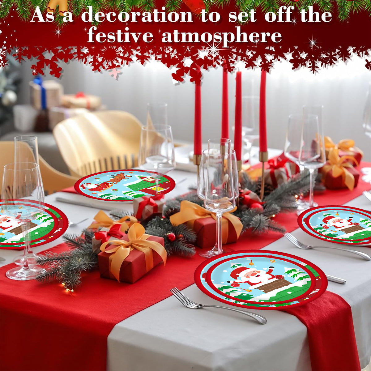 Christmas Paper Plates and Cups Set for 10 Guests - Santa & Elk