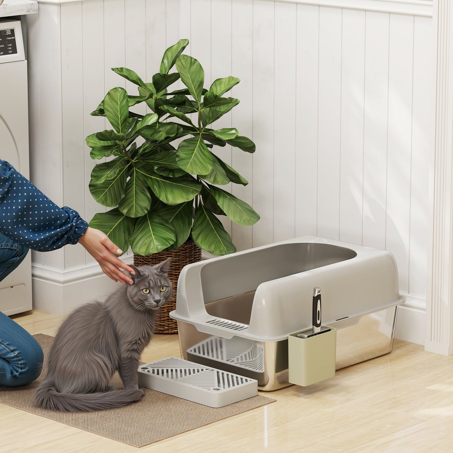 High Sided Stainless Steel Cat Litter Box with Scoop & Holder - Light Gray, 650x210x450mm