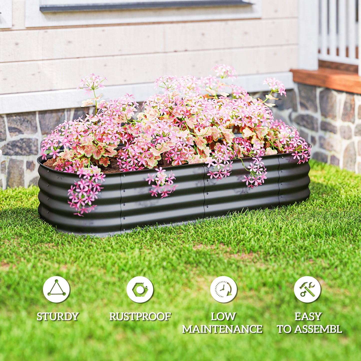 Galvanized Raised Garden Bed Kit - Metal Planter Box with Edging, Dark Gray, 595x360x170 mm