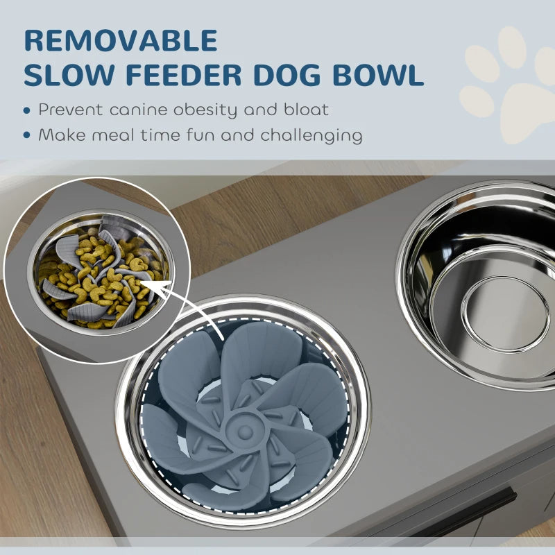 Large Elevated Dog Bowls Stand with 2 Stainless Steel Bowls, Storage Drawer & Slow Feeder Mat