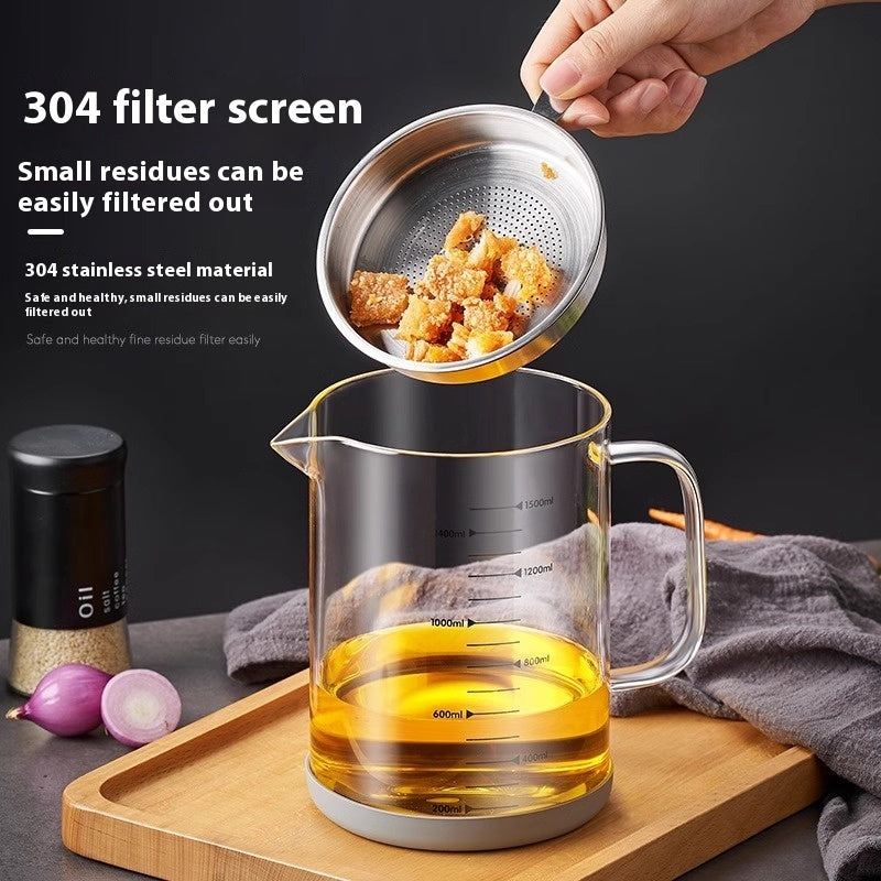 Glass Oil Drain Pot with Stainless Steel Cover - Household Kitchen Oil Filter Jar