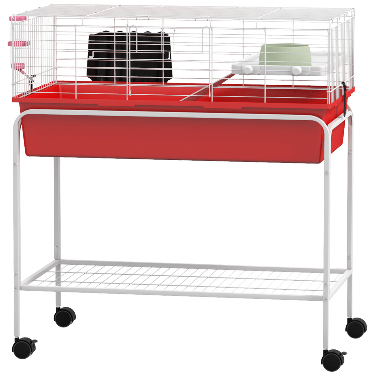 Small Animal Cage with Removable Stand, Wheels & Shelf - 33x18.5x35 Inches, Red