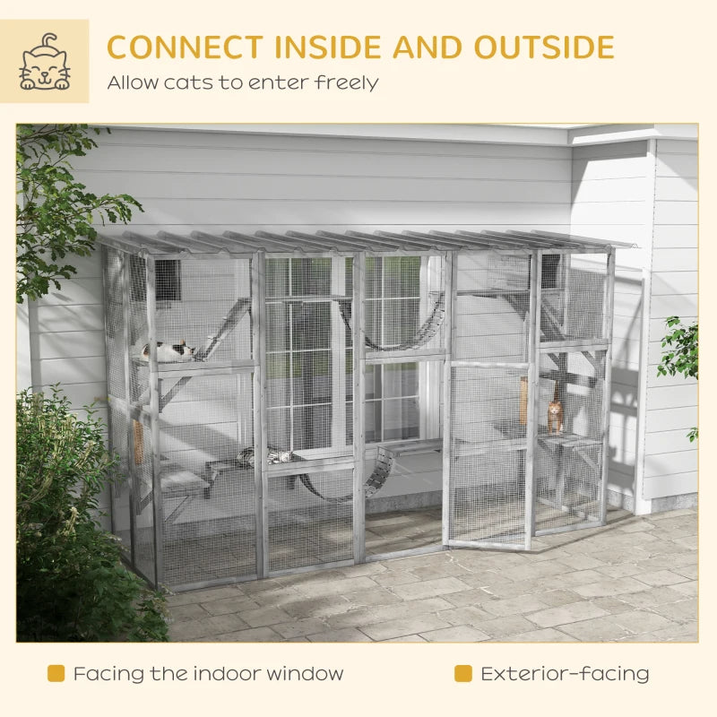 Outdoor Cat Window Box Enclosure with Shelves & Bridges - Gray