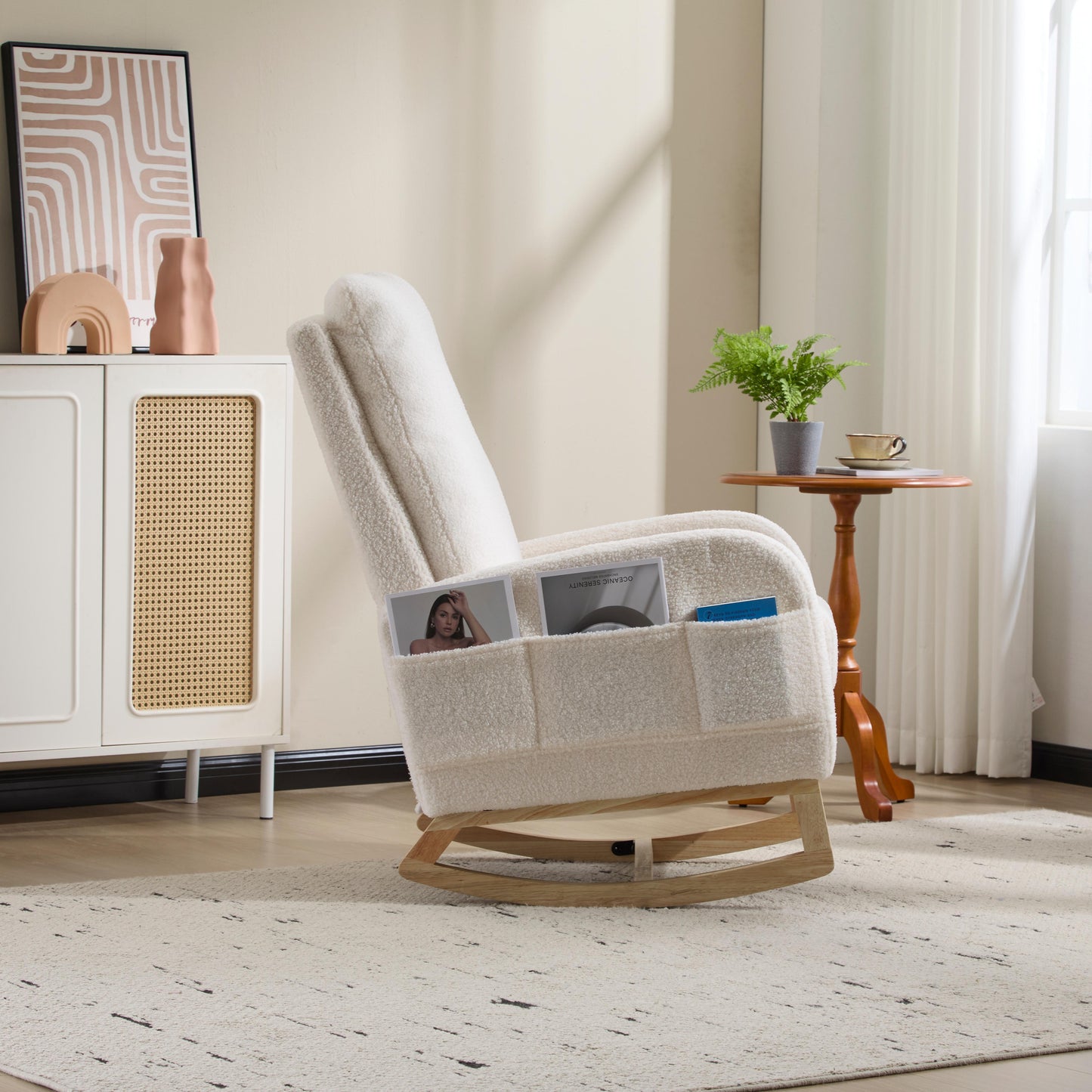 Upholstered Rocking Chair with Solid Wood Legs - White