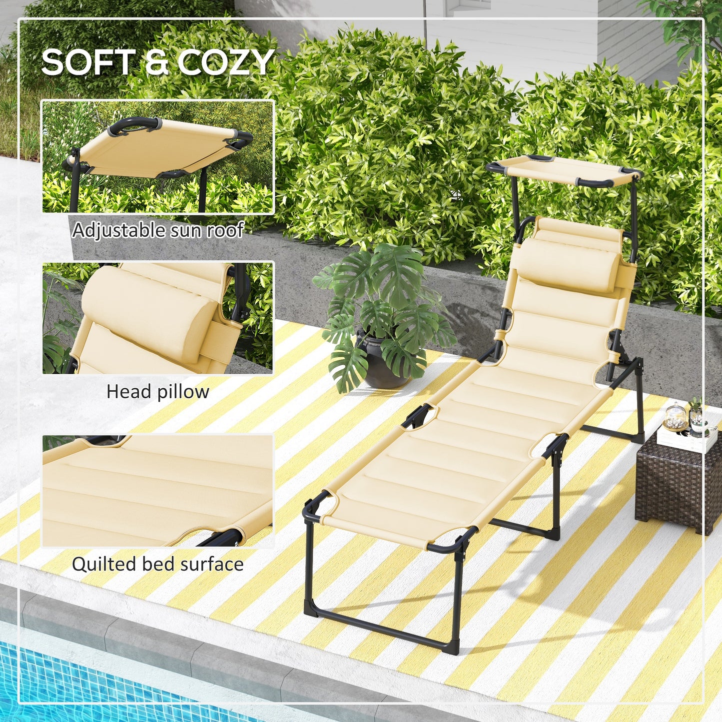 Folding Outdoor Lounge Chair with Adjustable Backrest & Sun Shade - Cream White
