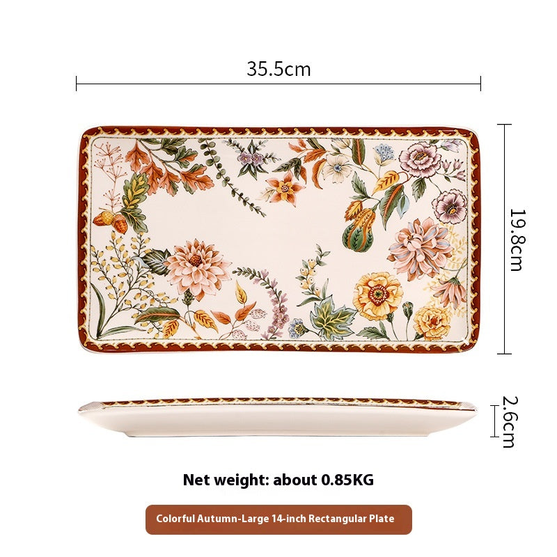 Large Rectangular Ceramic Dinner Plate – Colorful Autumn Pattern