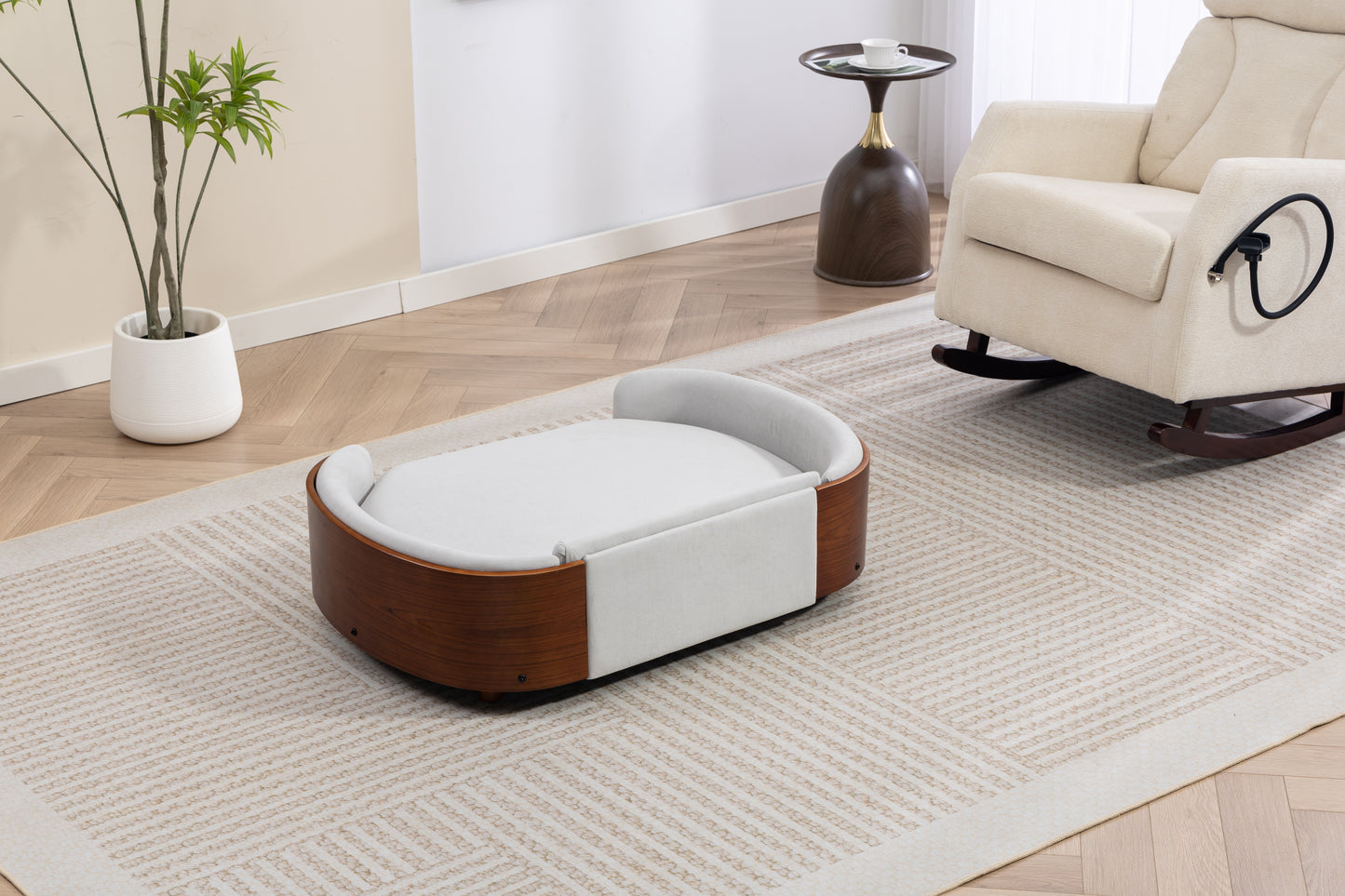 Large Elevated Dog Bed with Velvet Cushion and Solid Wood Legs - Scandinavian Style Pet Sofa