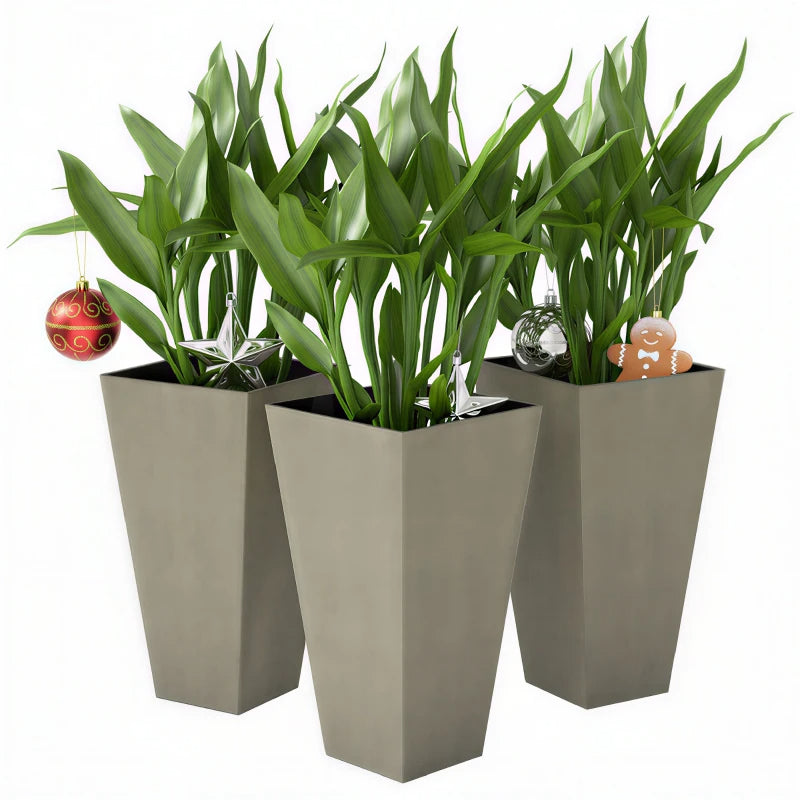 Set of 3 Tall Outdoor & Indoor Planters - 28 Inch Grey Tapered Pots with Drainage