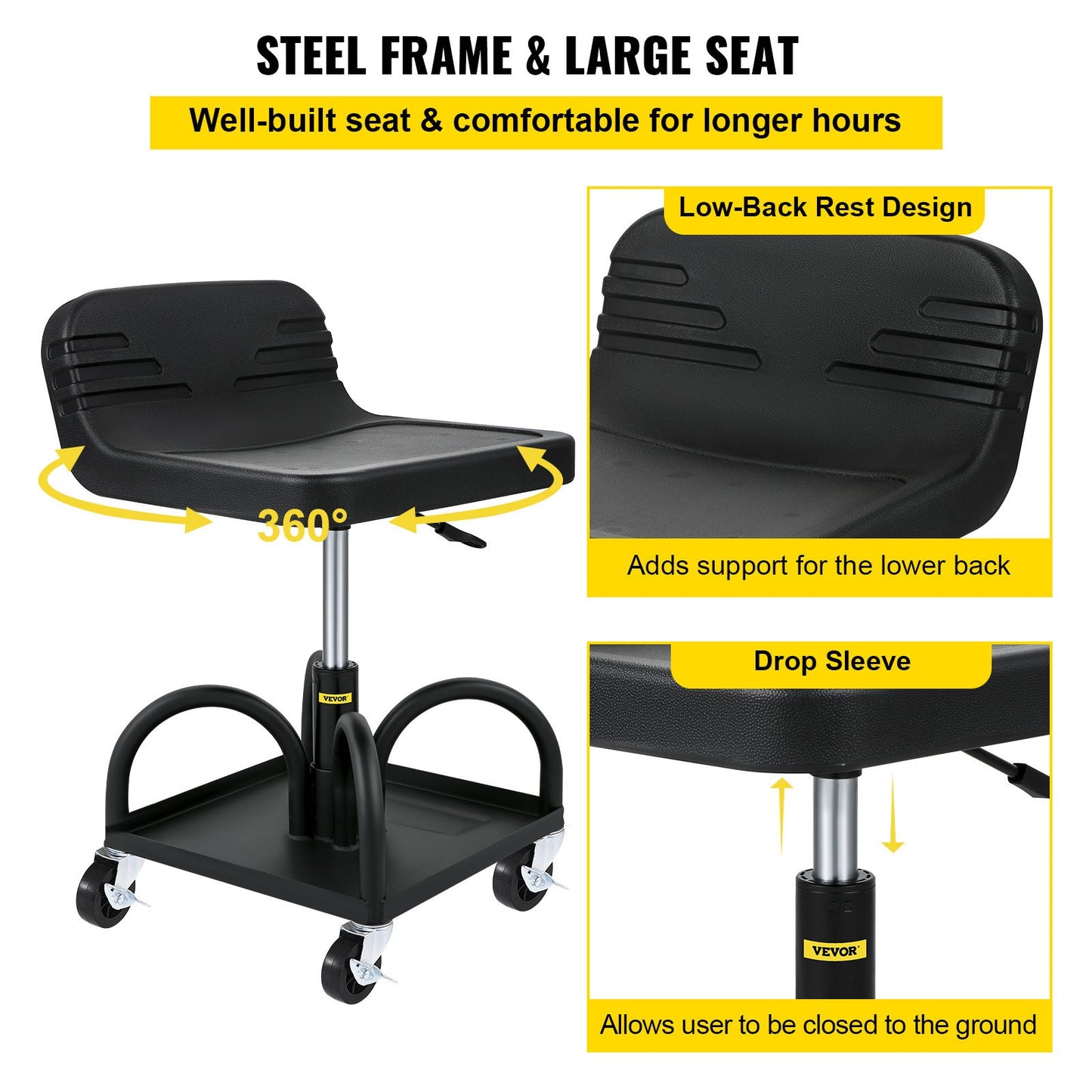 Adjustable Rolling Garage Stool - 300LBS Capacity, Tool Tray