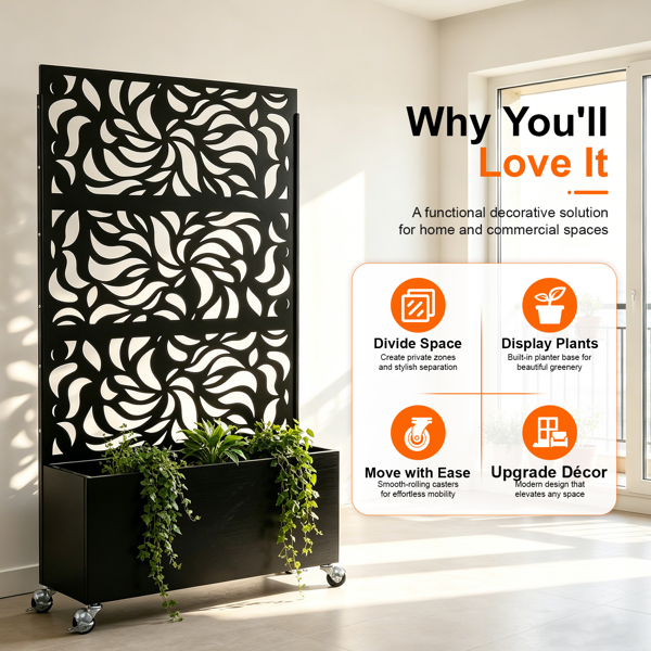 Outdoor Leaf Pattern Privacy Screen with Planter Box - Black Metal Freestanding Garden Fence